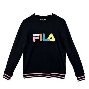 Fila Womens Medium Sweatshirt Black Logo Long Sleeve Embroidered Colorful Crew